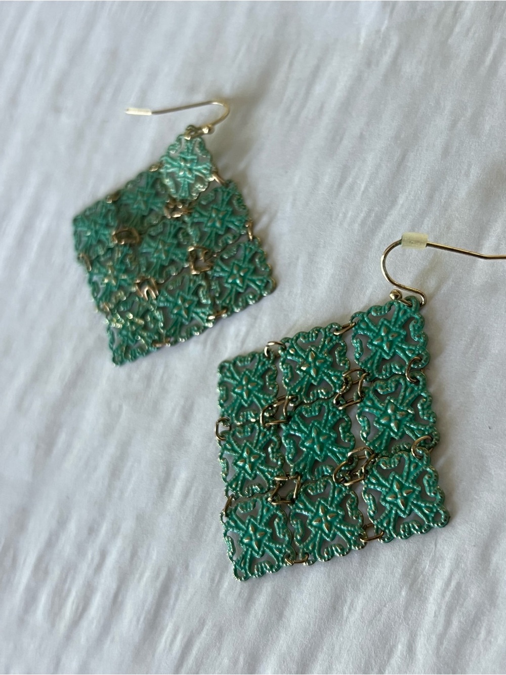 Gold Tone & Turquoise Green Filigree Square Dangle Earrings Boho - vintage